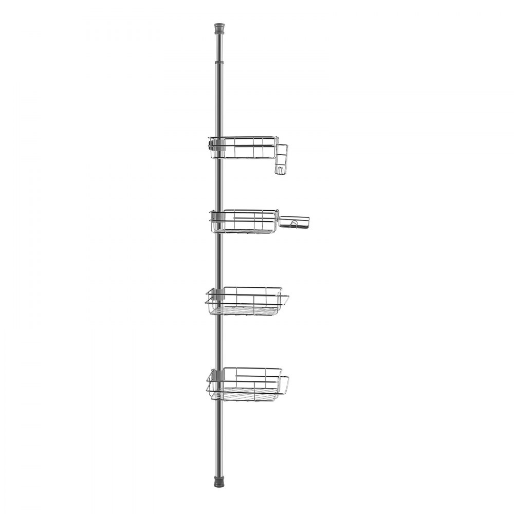 VEVOR Tension Rod for Corner Shower Shelf 1067-2896 mm High, Multifunctional Tension Rod for Showers with Strong & Load-Bearing Shelf, Tension Rod for Bathrooms and Washrooms, Silver, 4 Layers