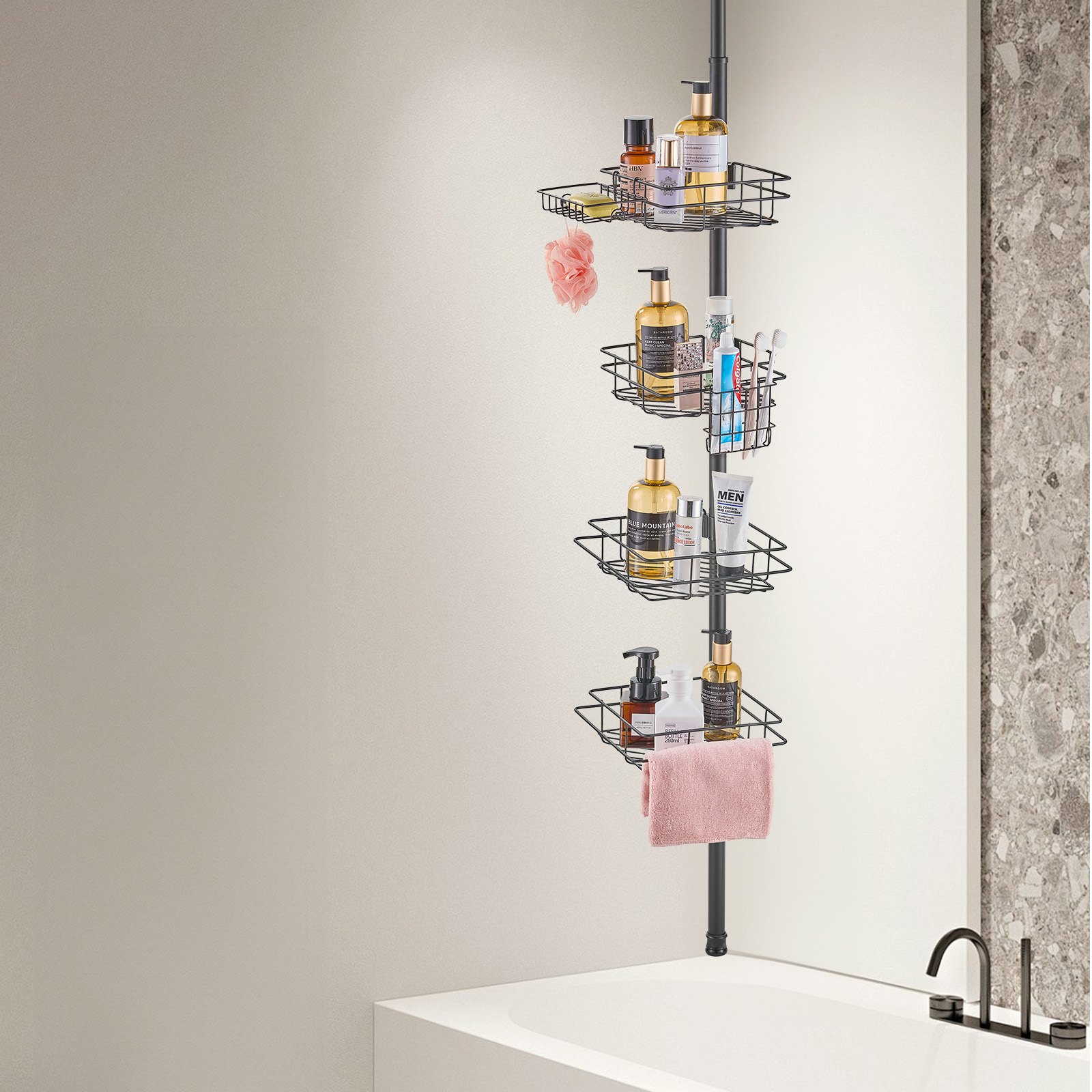 VEVOR Barra de Tensión para Ducha de Esquina Multifuncional con Bandeja Resistente, Resistente a la Oxidación y Fácil de Instalar, Apta para Baños y Aseos, 239 x 239 x 2895 mm, 4 Capas, Negro