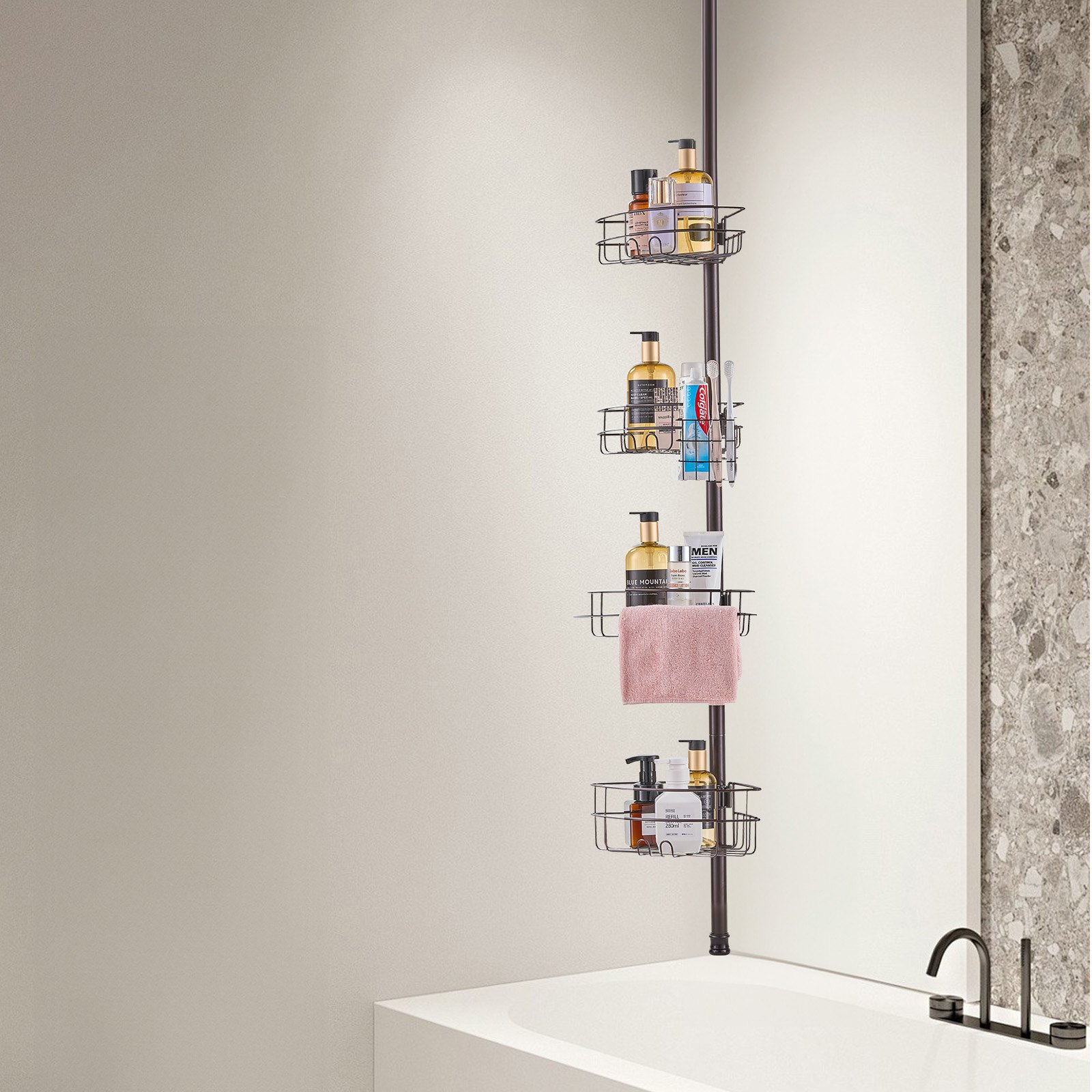 VEVOR Barra de Tensión para Ducha de Esquina, Multifuncional, con Bandeja Resistente a la Carga, Resistente a la Oxidación y Fácil de Instalar, para Baños y Aseos, 239 x 239 x 2895 mm, Bronce, 4 Capas