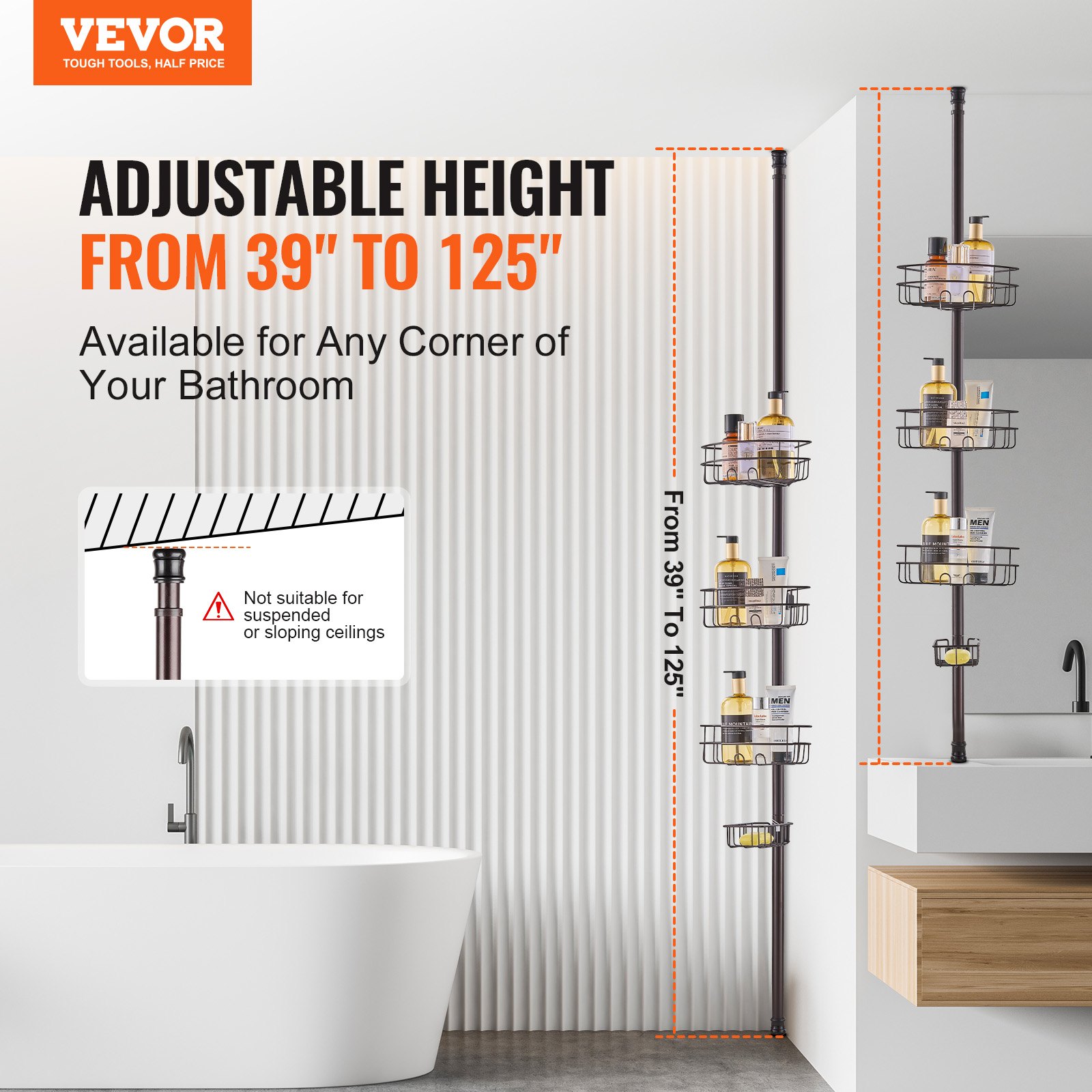VEVOR Tension Rod for Corner Shower Shelf 991-3175 mm High, Multifunctional Tension Rod for Showers with Strong & Load-Bearing Shelf, Tension Rod for Bathroom Washrooms, Bronze, 3 Layers