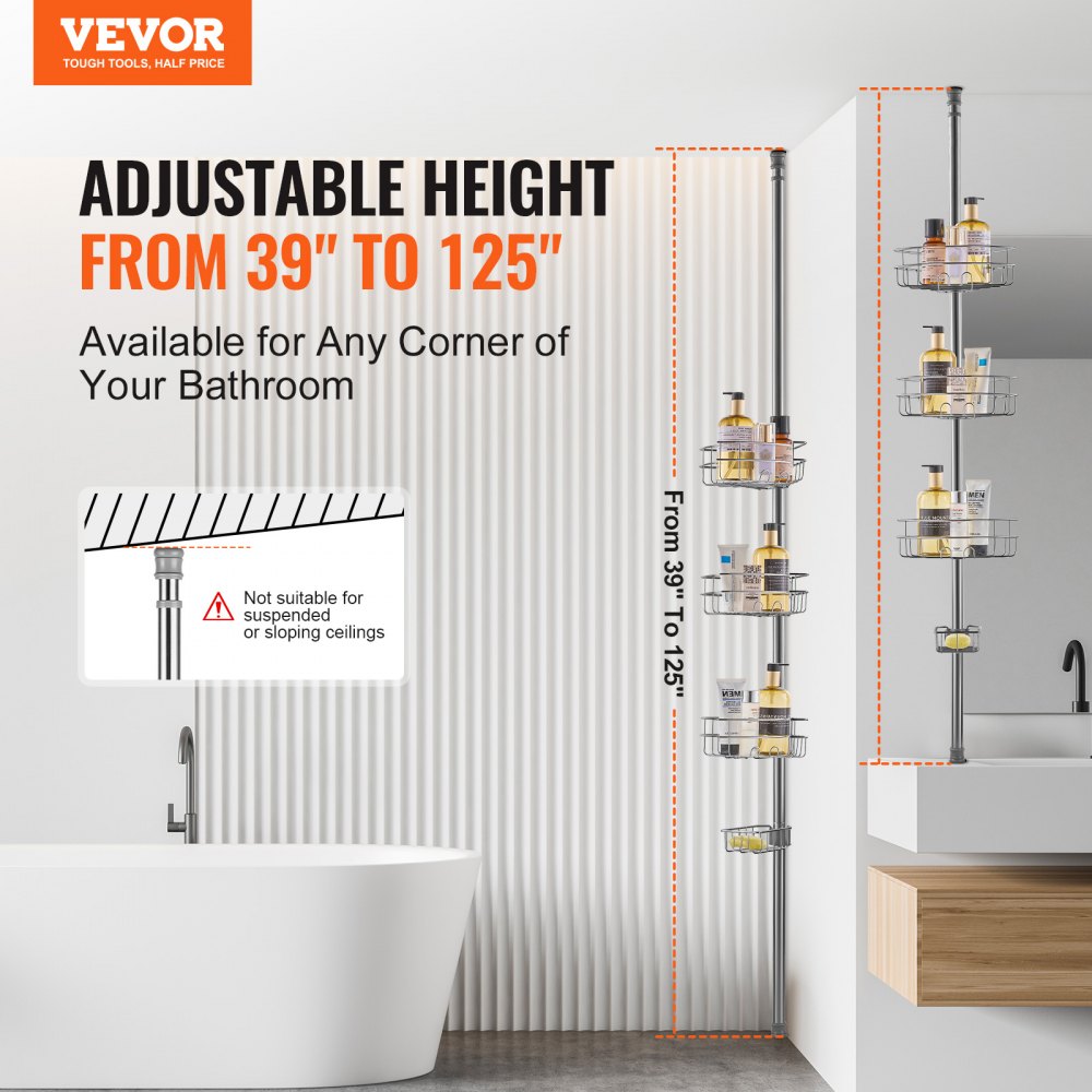 VEVOR Corner Shower Shelf, Shower Caddy, Corner Shower Shelf, 990-3175 mm High Tension Rod, Multifunctional Storage for the Shower with Strong, Load-Bearing Shelf, Suitable for Bathrooms and Washrooms