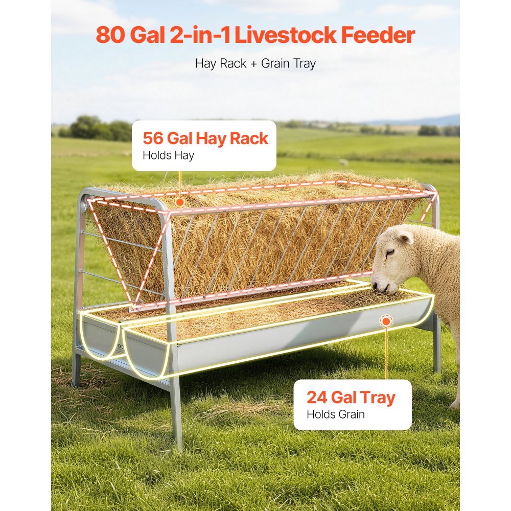 VEVOR Comedero de Heno 2 en 1 para Ganado, Capacidad de 300 L, Comedero de Heno y Granos, 147 x 70 x 86,5 cm, con 2 Canales Profundos, Marco de Acero al Carbono, para Cabras Ovejas Caballos Vacas
