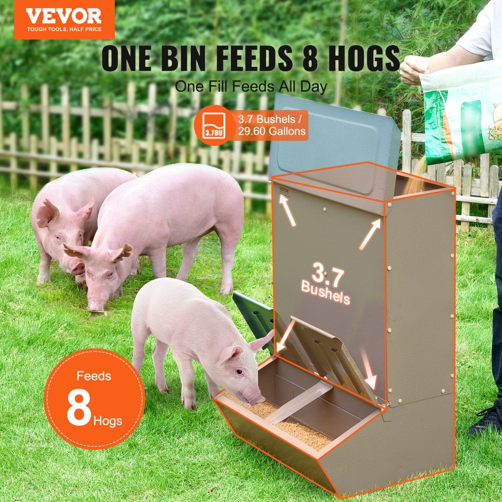 VEVOR Comedero para Cerdos de Capacidad de 90,92 L, Comedero para Cerdos de Doble Puerta, Comedero para Lechones de Acero Resistente, Comedero de Canaleta Multiusos para Alimentar hasta 8 Cerdos