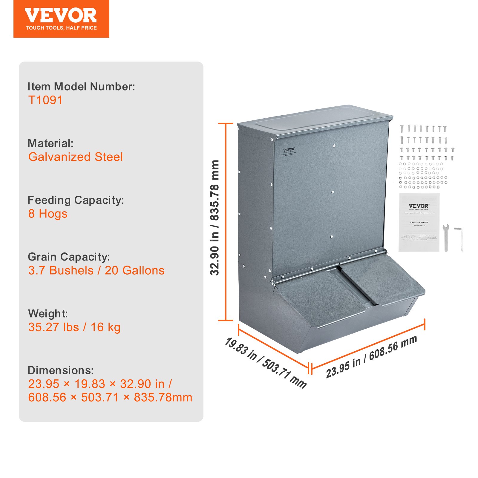 VEVOR Comedero para Cerdos de Capacidad de 90,92 L, Comedero para Cerdos de Doble Puerta, Comedero para Lechones de Acero Resistente, Comedero de Canaleta Multiusos para Alimentar hasta 8 Cerdos