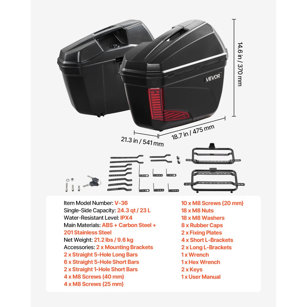 VEVOR Baúles para Moto 23 L x 2, Maletas Laterales para Motocicleta de ABS, Universales, Impermeables, Desmontables, para Lado Izquierdo y Derecho, con Control de Bloqueo de 3 Modos, Carcasa Duradera