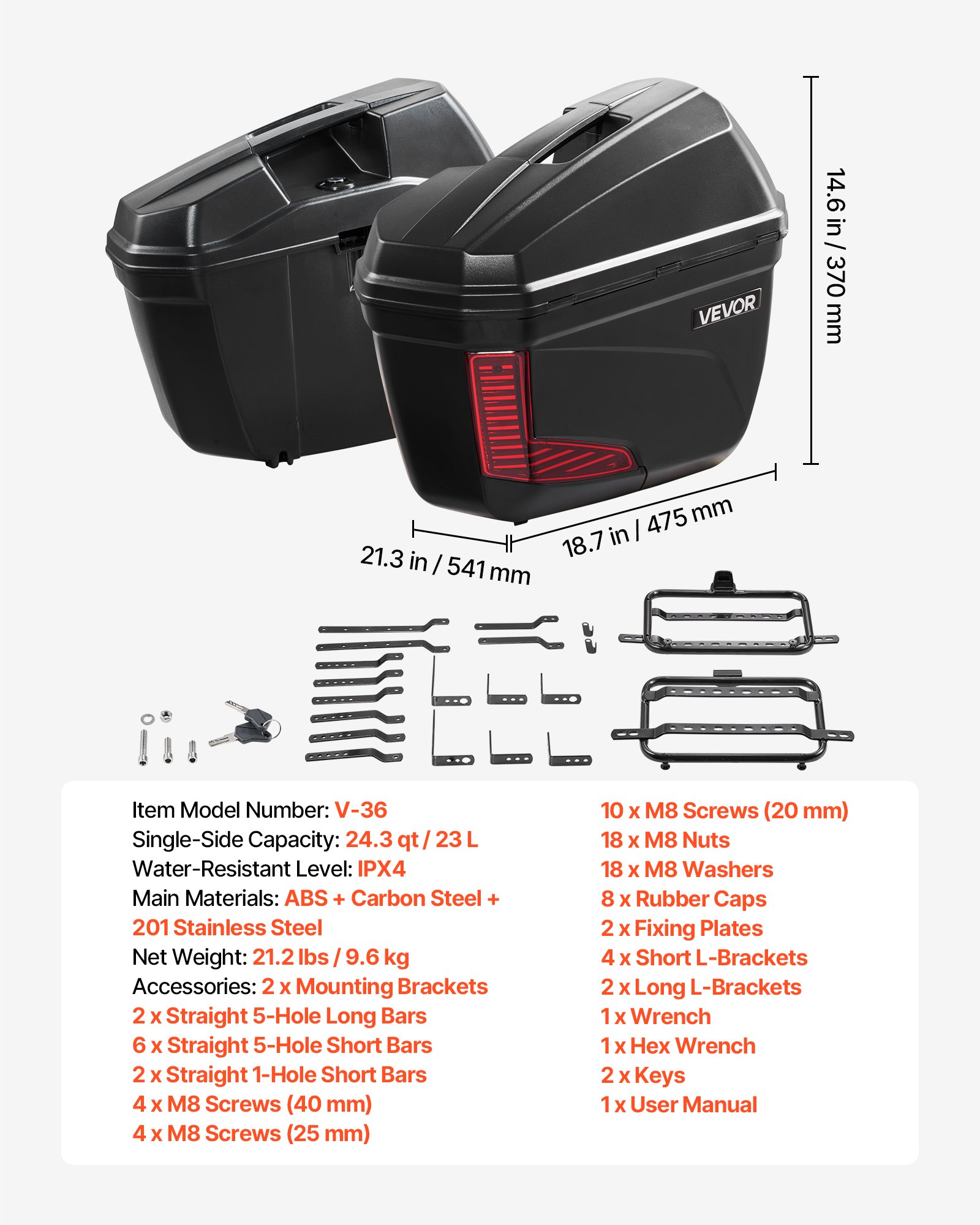 VEVOR Baúles para Moto 23 L x 2, Maletas Laterales para Motocicleta de ABS, Universales, Impermeables, Desmontables, para Lado Izquierdo y Derecho, con Control de Bloqueo de 3 Modos, Carcasa Duradera