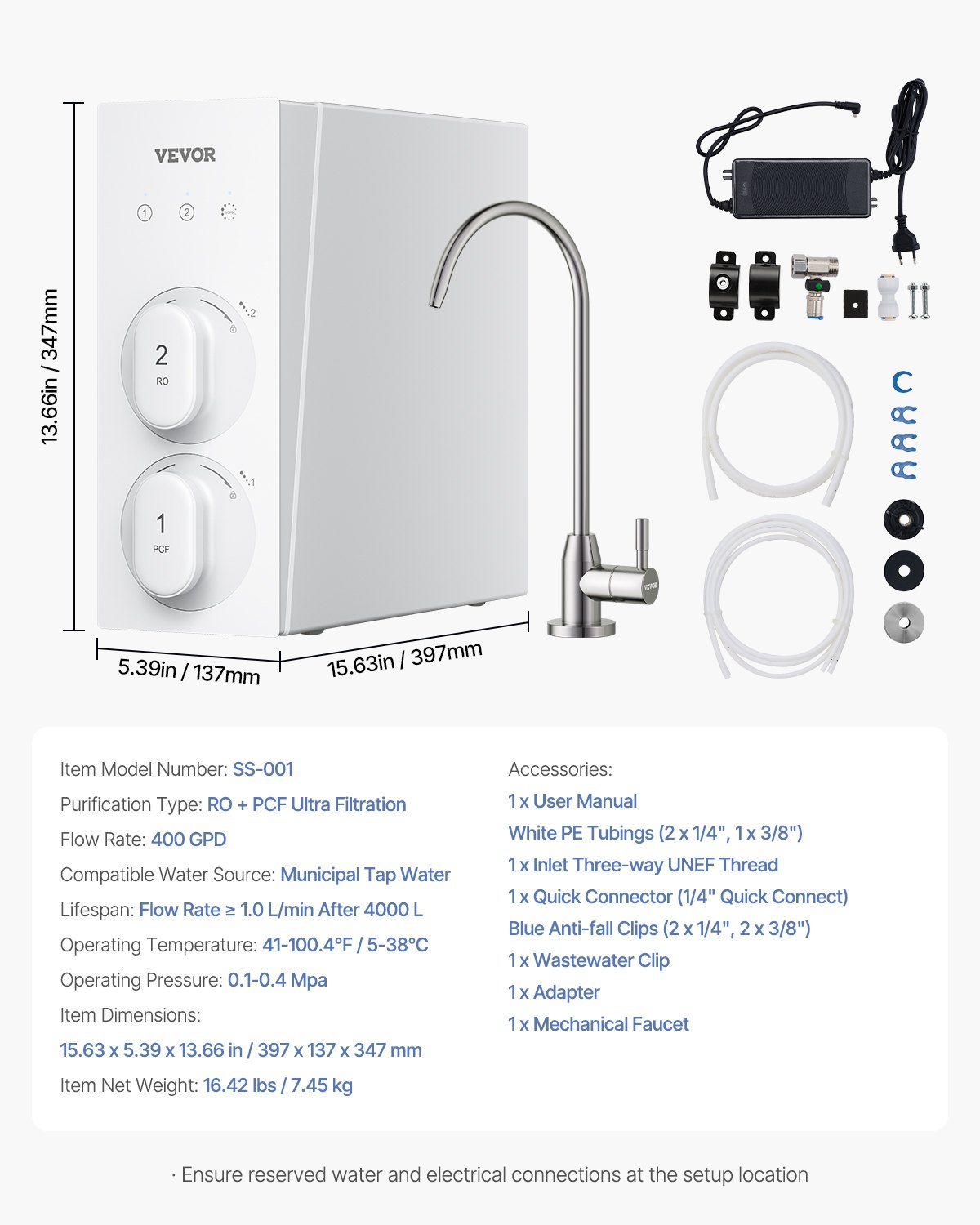 VEVOR Reverse Osmosis System 400 GPD 8-Stage Tankless Reverse Osmosis Water Filter, Under-Sink Water Filtration System, 2:1 Purity to Drain, Reduces TDS, Lead, Chlorine, Bad Taste, Odor