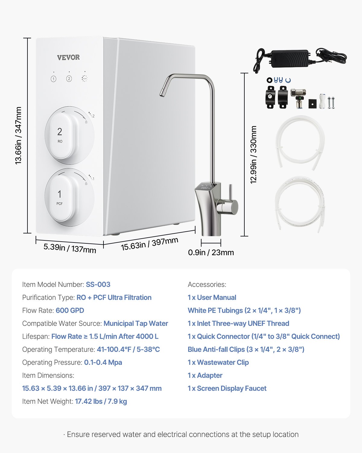 VEVOR Sistema de Ósmosis Inversa, Filtro de Agua por Ósmosis Inversa sin Tanque de 8 Etapas 600 GPD, con Grifo de Pantalla Inteligente, Relación de Pureza a Drenaje de 2:1, 397 x 137 x 347 mm