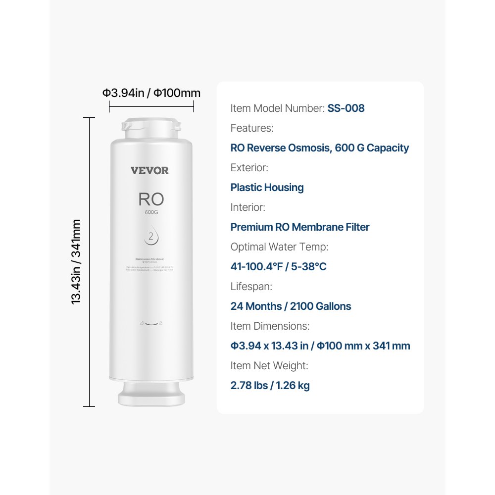 VEVOR Sistema de Ósmosis Inversa, 10 Etapas 600 GPD, Cartucho de Filtro RO por 24 Meses, Reduce el Plomo y el Cloro, Compatible con el Filtro de Agua debajo del Fregadero SS-004, Φ 100 x 341 mm