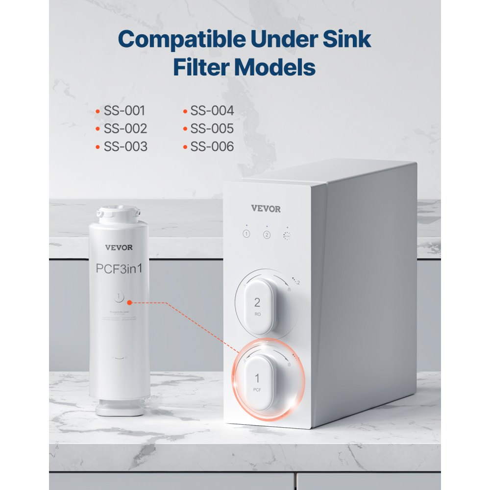 VEVOR Filtro de Repuesto PCF Compuesto de 6 Capas, Reduce el Cloro y el Olor, Compatible con el Sistema de Filtro de Agua debajo del Fregadero SS-001, SS-003 y SS-005, Φ 100 x 341 mm, Blanco