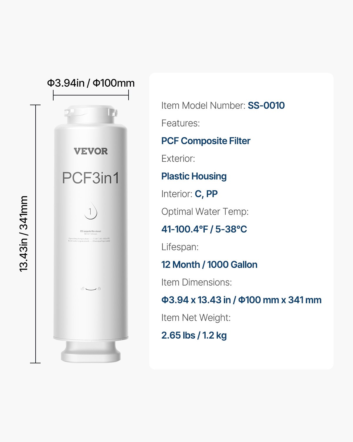 VEVOR Filtro de Repuesto PCF Compuesto de 6 Capas, Reduce el Cloro y el Olor, Compatible con el Sistema de Filtro de Agua debajo del Fregadero SS-001, SS-003 y SS-005, Φ 100 x 341 mm, Blanco