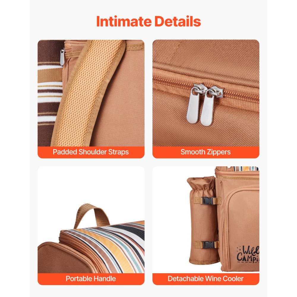 VEVOR Mochila de Pícnic Playa para 4 Personas con Compartimento Térmico, Portabotellas/Soporte de Vino Desmontable, Manta Ligera, Platos y Cubiertos para Senderismo y Camping, Color Marrón, 25 L