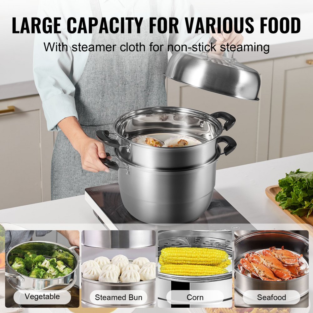 VEVOR 28cm Stainless Steel Steamer Pot with Glass Lid, 3-Tier Steamer, Induction Compatible, Ideal for Vegetables, Fish, Soup, Dumplings (incl. 2 Steamer Inserts)