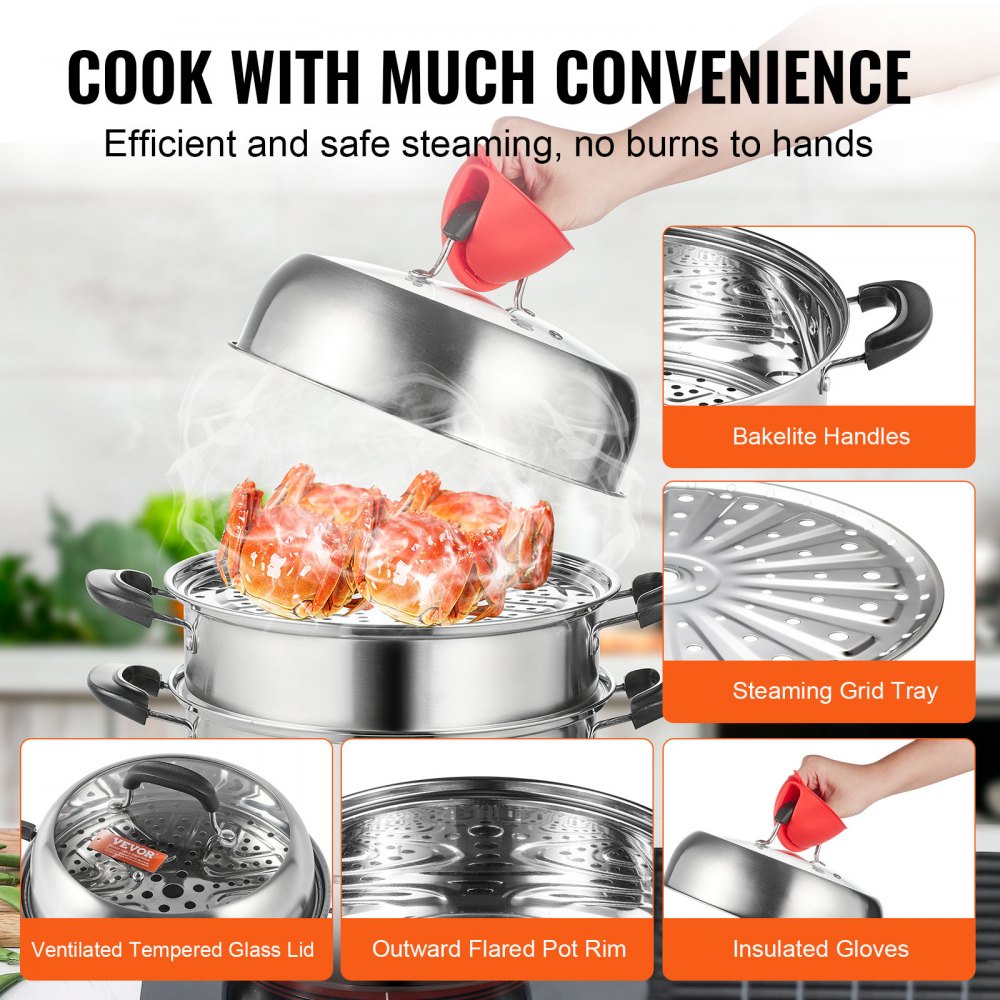 VEVOR 28cm Stainless Steel Steamer Pot with Glass Lid, 3-Tier Steamer, Induction Compatible, Ideal for Vegetables, Fish, Soup, Dumplings (incl. 2 Steamer Inserts)