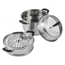VEVOR Olla Vaporera de Acero Inoxidable 28 cm Con Olla de 8 L Vaporera para Alimentos con Tapa de Vidrio 1 Cesta 2 Bandejas de Vapor 3 Niveles con 1 Par de Guantes Aislantes para Cocinar al Vapor
