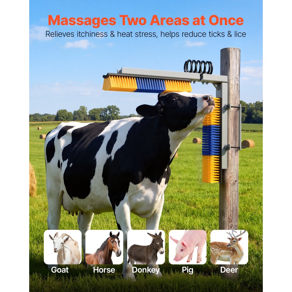 VEVOR Cepillo Rascador para Ganado, 2 Cabezales de 430 x 100 mm, Raspador con Soporte de Montaje, Kit de Accesorios de Instalación, Cepillo de Masaje para Caballos Vacas Ovejas, Color Azul y Amarillo