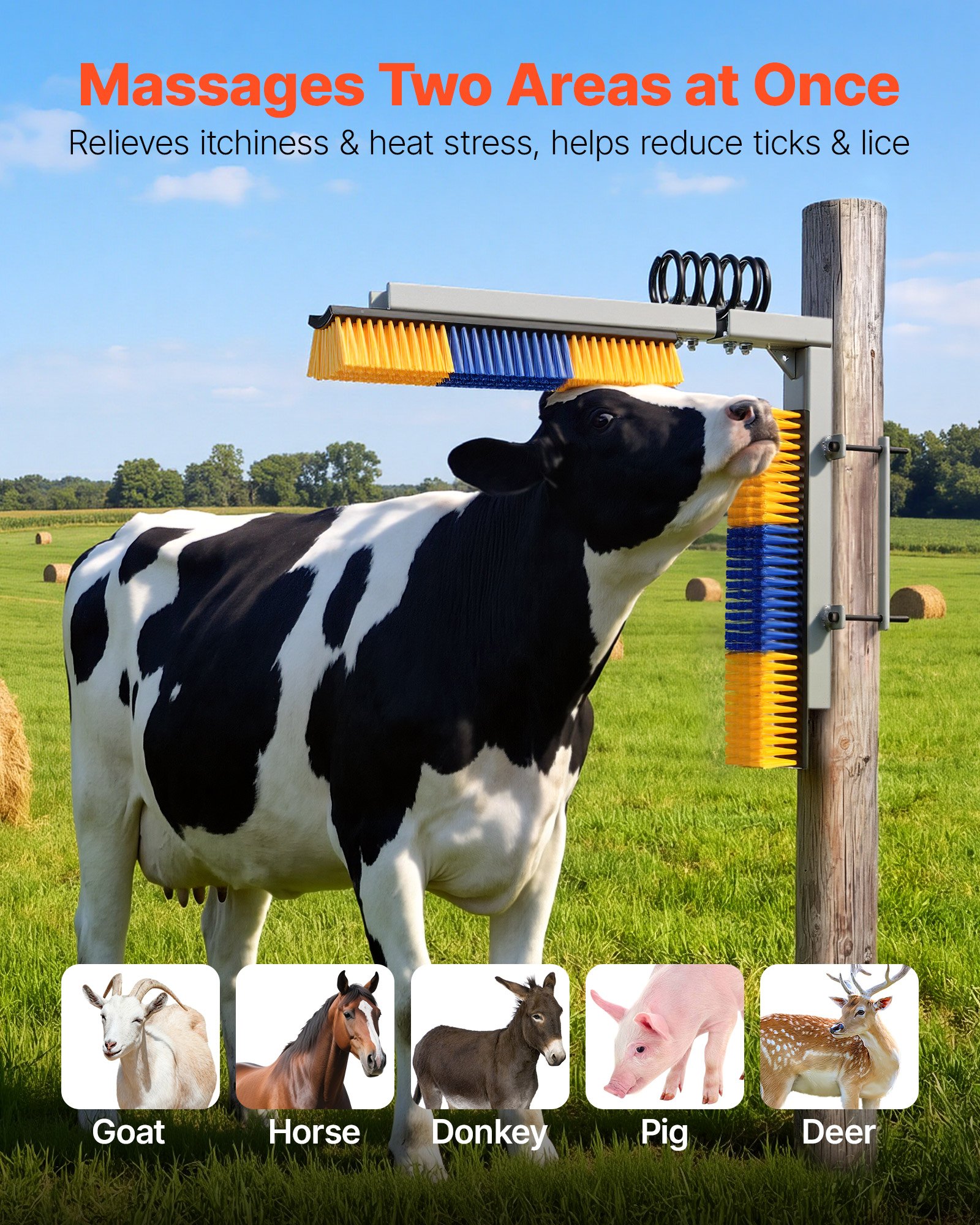 VEVOR Cepillo Rascador para Ganado, 2 Cabezales de 430 x 100 mm, Raspador con Soporte de Montaje, Kit de Accesorios de Instalación, Cepillo de Masaje para Caballos Vacas Ovejas, Color Azul y Amarillo