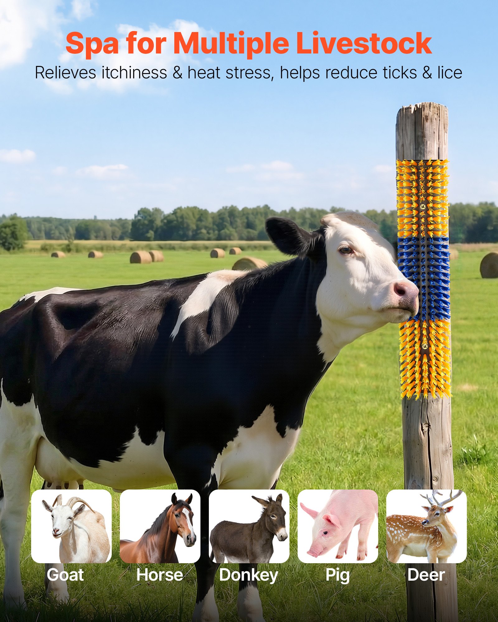 VEVOR Cepillo Rascador para Ganado, Paquete de 4 Unidades, Raspador de 430 x 100 mm, Cepillo de Masaje para Aliviar la Picazón de la Espalda, para Caballos Vacas Ovejas Cerdos, Color Azul y Amarillo