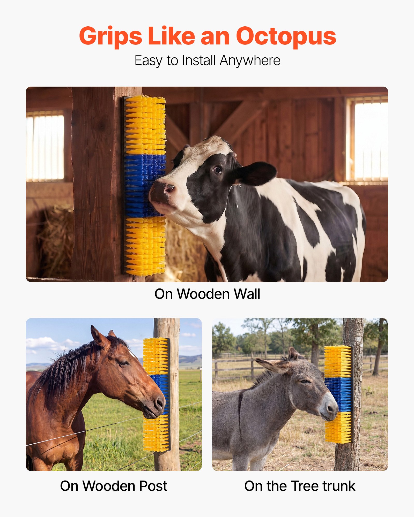 VEVOR Cepillo Rascador para Ganado, Paquete de 4 Unidades, Raspador de 430 x 100 mm, Cepillo de Masaje para Aliviar la Picazón de la Espalda, para Caballos Vacas Ovejas Cerdos, Color Azul y Amarillo
