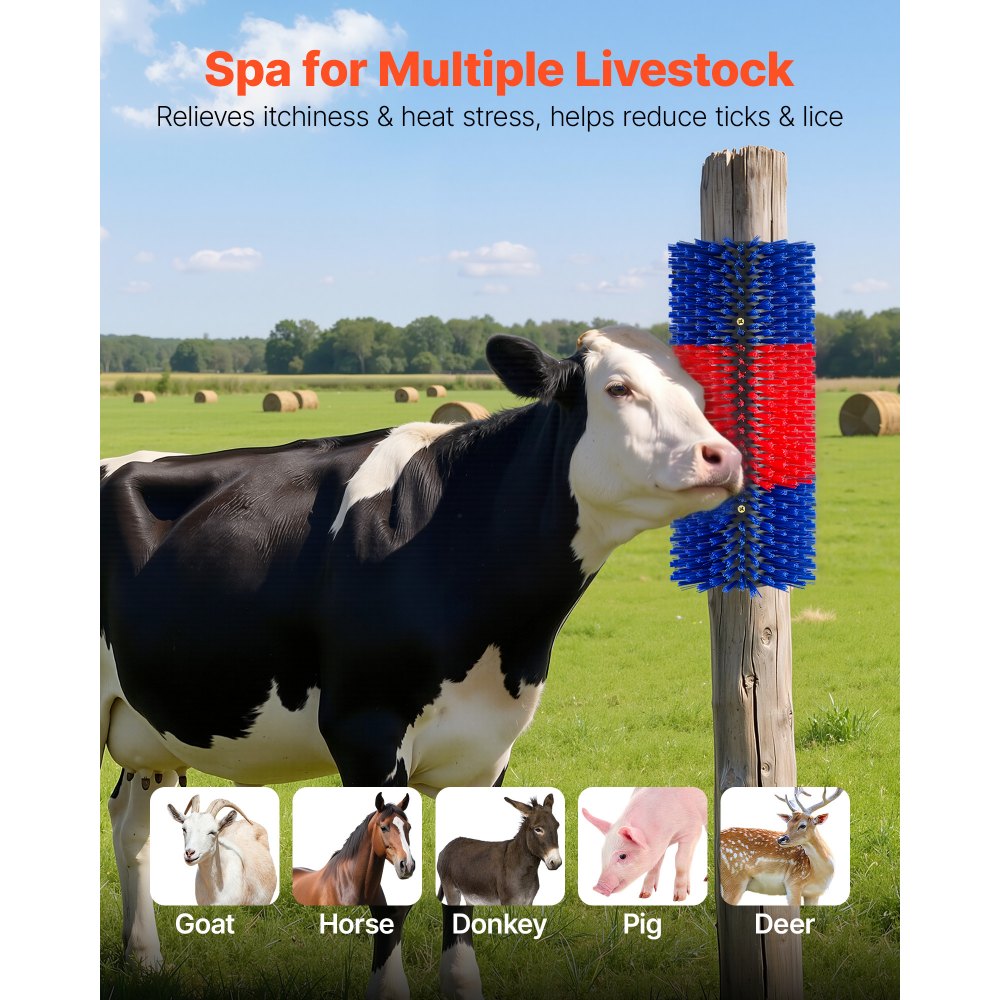 VEVOR Cepillo Rascador para Ganado 430 x 190 mm, Conjunto de 3 Unidades, Raspador para Vacas Caballos Ovejas, para Aliviar la Picazón en la Espalda, Kit de 12 Tornillos, para Campo Granja, Azul y Rojo