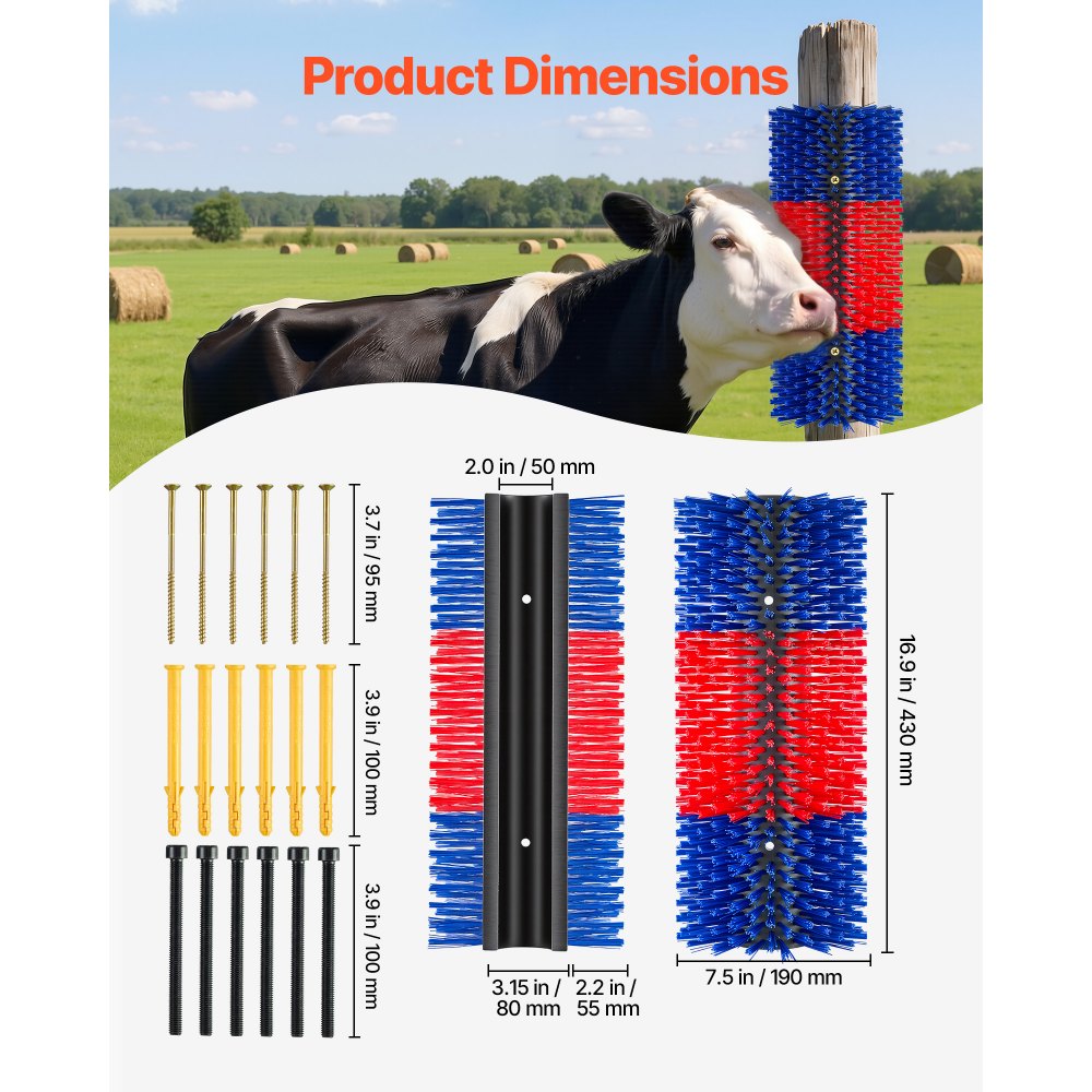 VEVOR Cepillo Rascador para Ganado 430 x 190 mm, Conjunto de 3 Unidades, Raspador para Vacas Caballos Ovejas, para Aliviar la Picazón en la Espalda, Kit de 12 Tornillos, para Campo Granja, Azul y Rojo