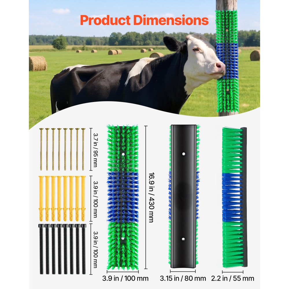 VEVOR Cepillo Rascador para Ganado, Set de 4 Piezas, 430 x 100 mm, Cepillo de Masaje para Caballos Vacas Ovejas, Raspador para Granja Campo Parque Zoológico, con Accesorios de Instalación, Verde Azul