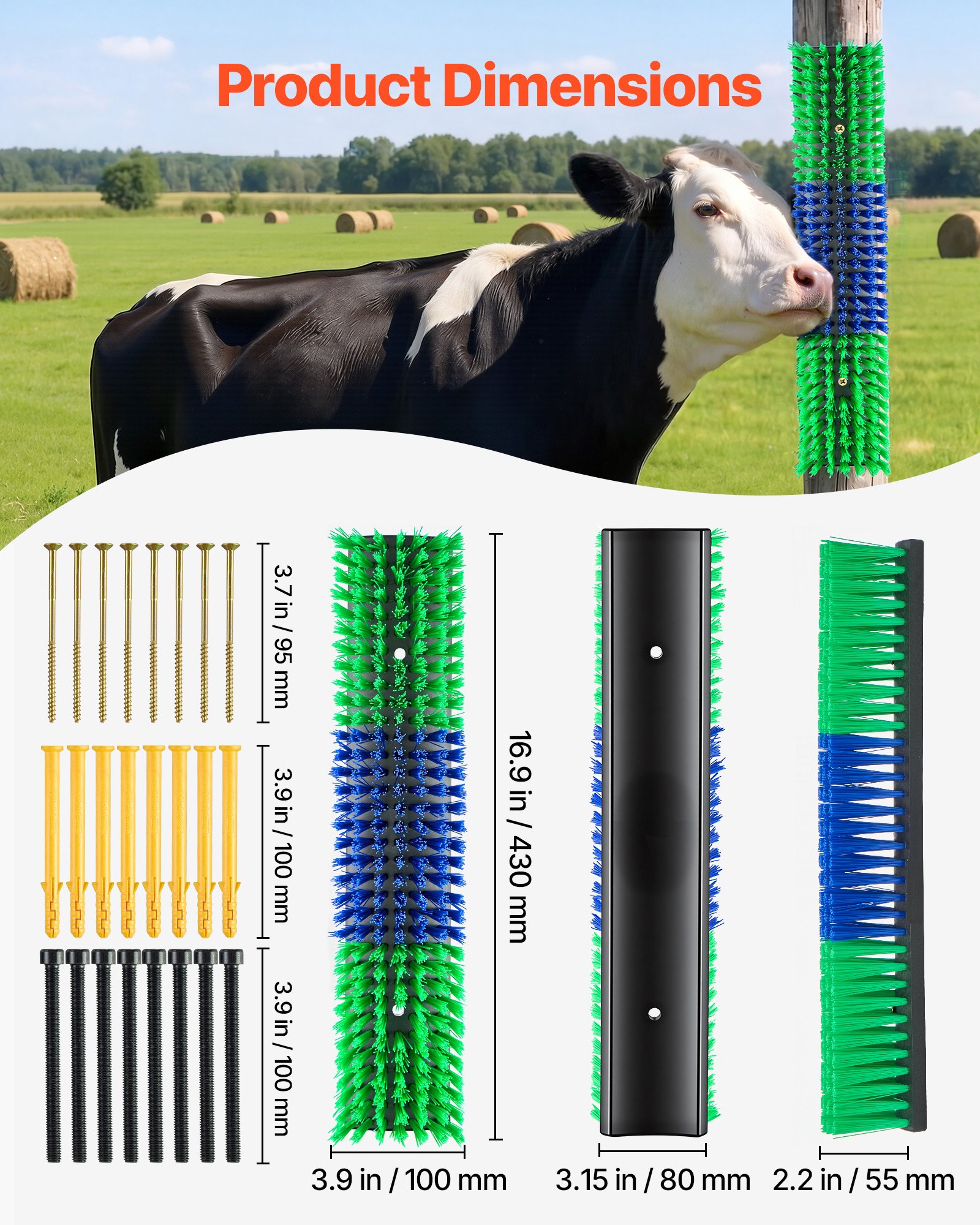VEVOR Cepillo Rascador para Ganado, Set de 4 Piezas, 430 x 100 mm, Cepillo de Masaje para Caballos Vacas Ovejas, Raspador para Granja Campo Parque Zoológico, con Accesorios de Instalación, Verde Azul