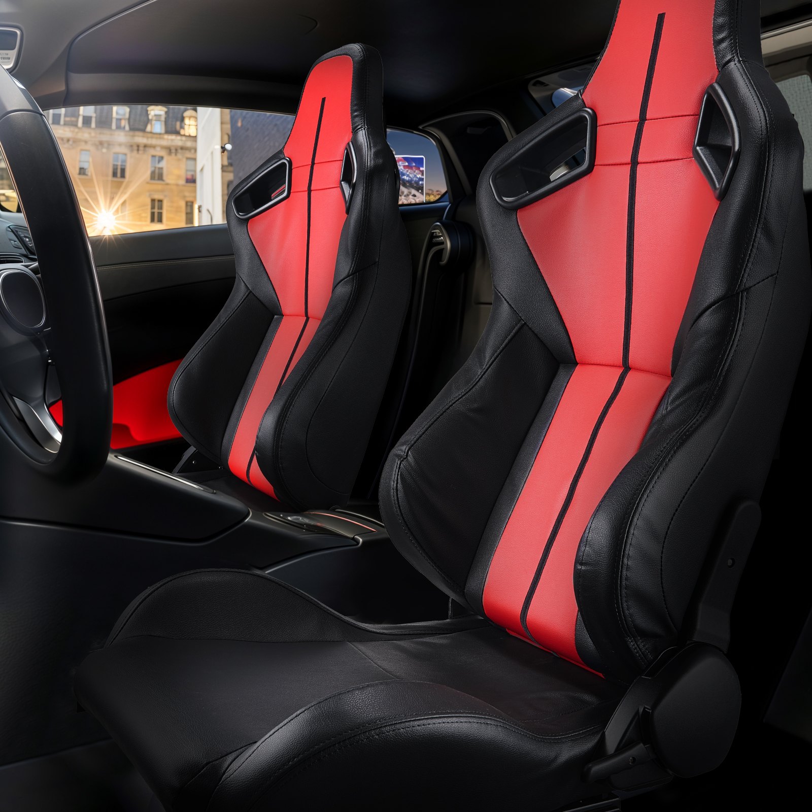 VEVOR Asiento de Carreras, Juego de 2, con Ángulo Amplio Reclinable y Espuma Alta Resiliencia, con Cuero de PVC Suave y Deslizador Q235B, Apto para Autos de Carreras y Karts, 590 x 560 x 960 mm, Rojo