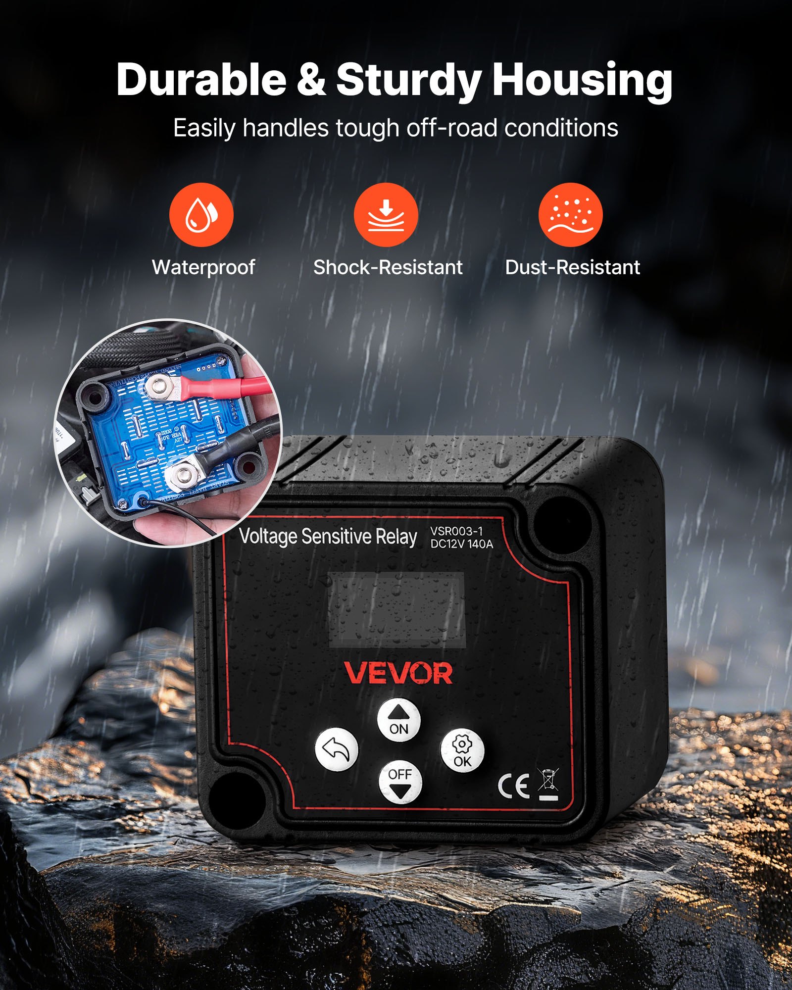 VEVOR Kit de Relé Aislador de Batería Dual, Relé Sensible al Voltaje VSR de 12 V y 140 A con Voltímetro, Pantalla LCD, Compatible con Baterías de Plomo-Ácido, para UTV y ATV, 80 x 70 x 60 mm