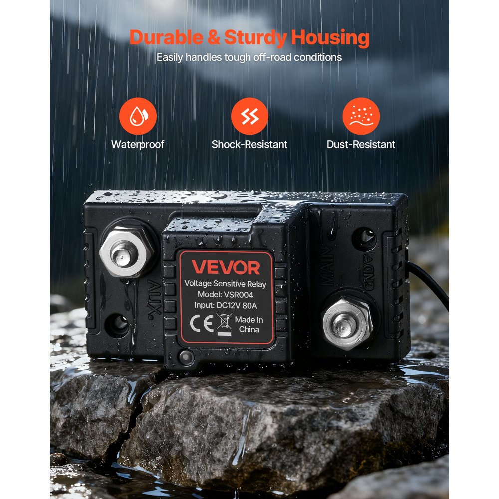 VEVOR Kit de Relé Aislador de Batería Dual, Relé Sensible al Voltaje VSR de 12V 80A 0,6m 13.3 mm² (6 AWG) con Voltímetro y Pantalla LCD, Compatible con Baterías de Plomo-Ácido, para UTV y ATV, 85 x 43 x 37 mm