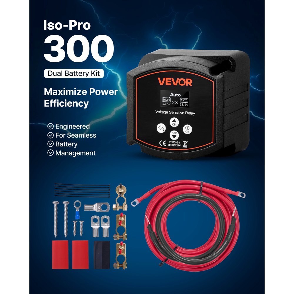 VEVOR Kit de Relé Aislador de Batería de Litio, Relé Sensible al Voltaje VSR 12V 300A 6m 33.6 mm² (2 AWG) con Voltímetro, Pantalla LCD e Interruptor de Desconexión de Batería, Compatible con Baterías de Litio, para UTV y ATV, 90 x 90 x 80 mm