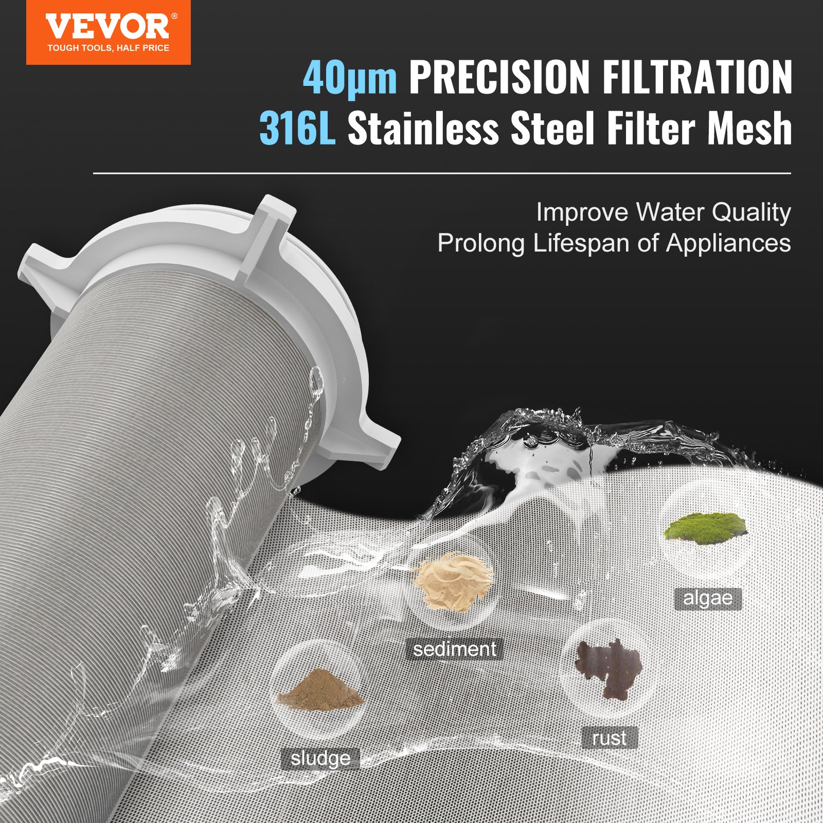 VEVOR Filtro Giratorio, Filtro de Sedimentos de 40 Micrones para Agua de Pozo de Alto Flujo y Sistemas de Filtración de Agua de Toda la Casa, Filtro de Sedimentos de Agua de Pozo 151 x 137 x 274 mm