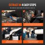 Extraiga aceite fácilmente con el extractor de fluidos VEVOR en 4 pasos: conectar, insertar, bombear y verter para reciclar.