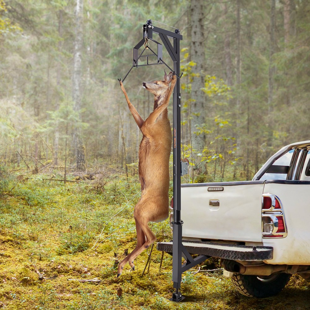 VEVOR Polipasto de ciervo montado en enganche, carga de 400 lbs, polipasto de enganche, polipasto de ciervo con cabrestante, receptor de enganche de 2", base de pie, altura ajustable y giro de 360°