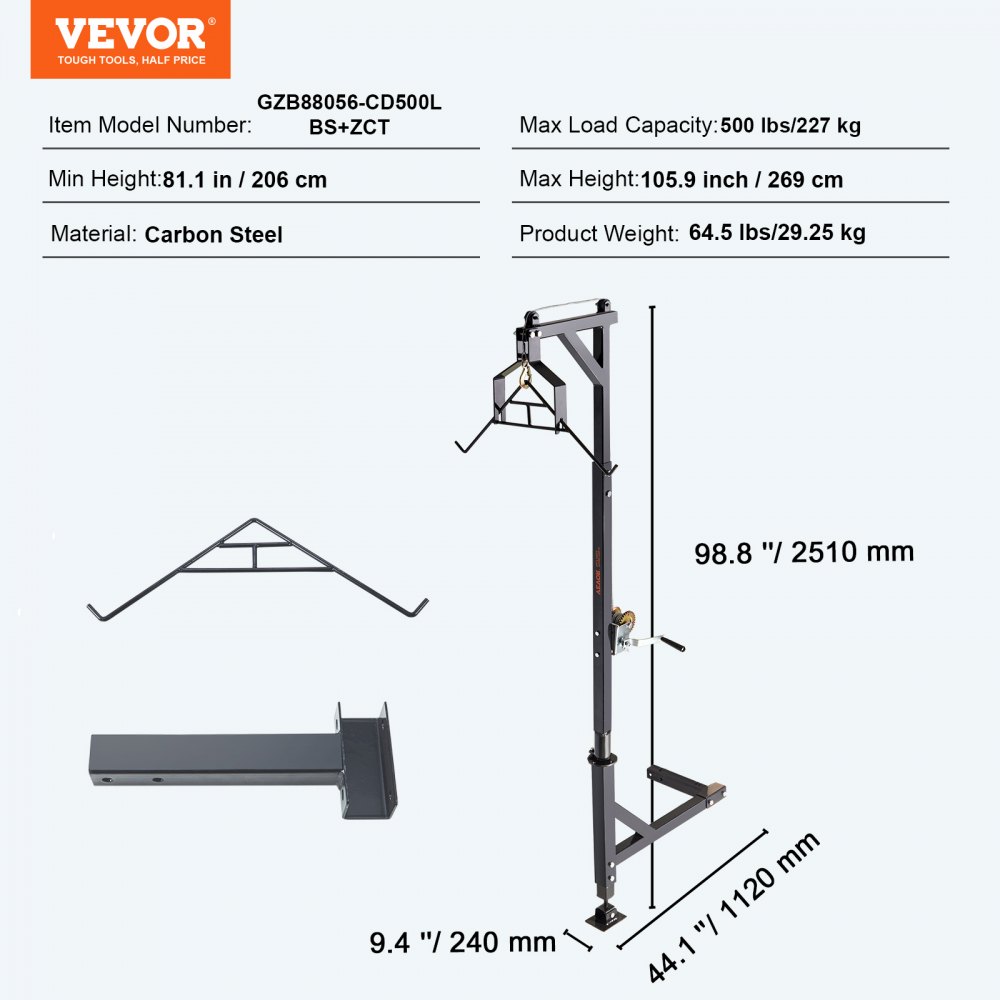 VEVOR Polipasto de ciervo montado en enganche, carga de 500 lbs, polipasto de enganche, polipasto de ciervo con cabrestante, receptor de enganche de 2", base de pie, altura ajustable y giro de 360°