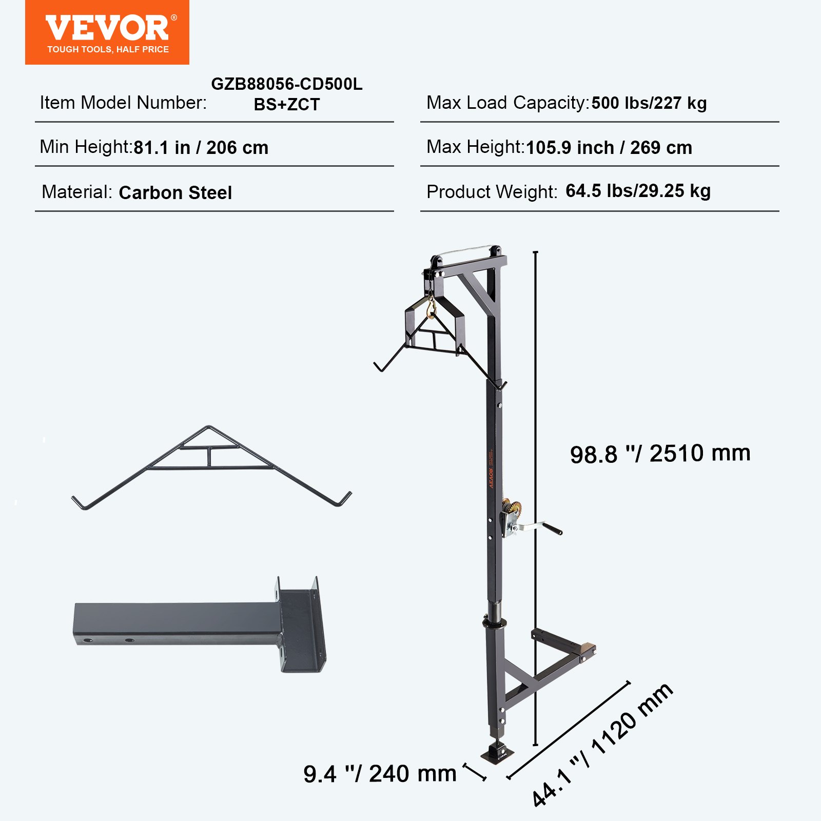 VEVOR Polipasto de ciervo montado en enganche, carga de 500 lbs, polipasto de enganche, polipasto de ciervo con cabrestante, receptor de enganche de 2", base de pie, altura ajustable y giro de 360°