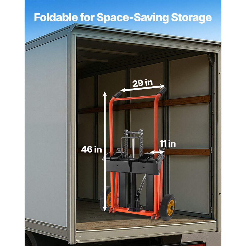 VEVOR Apilador Hidráulico con Cabrestante, Capacidad de Carga de 205 kg Transpaleta con Mesa Elevadora Altura Máxima de Elevación de 90 cm, Carrito de Mesa Plegable y Portátil, Amarillo y Negro