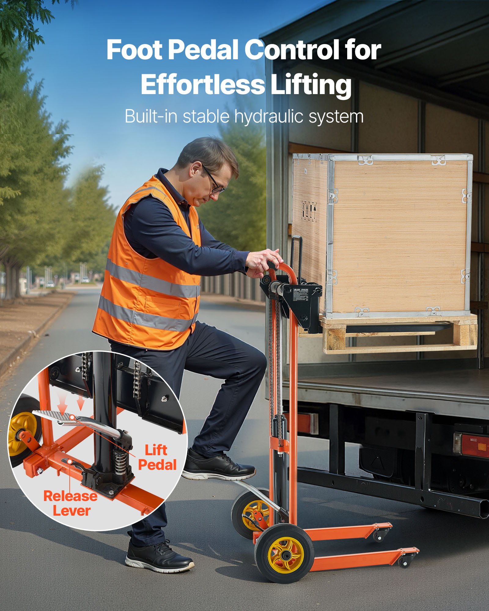 VEVOR Apilador Hidráulico con Cabrestante, Capacidad de Carga de 205 kg Transpaleta con Mesa Elevadora Altura Máxima de Elevación de 100 cm, Carrito de Mesa Plegable y Portátil, Amarillo y Negro