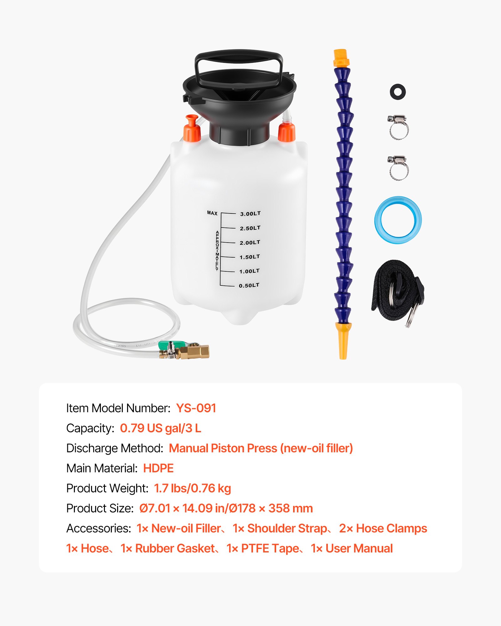 VEVOR Bomba de Líquido de Transmisión Manual 3 L, Dispositivo de Llenado para Aceite de Transferencia, con Manguera 120 cm y Accesorios, Tanque HDPE, Herramienta para Extracción y Relleno de Fluidos
