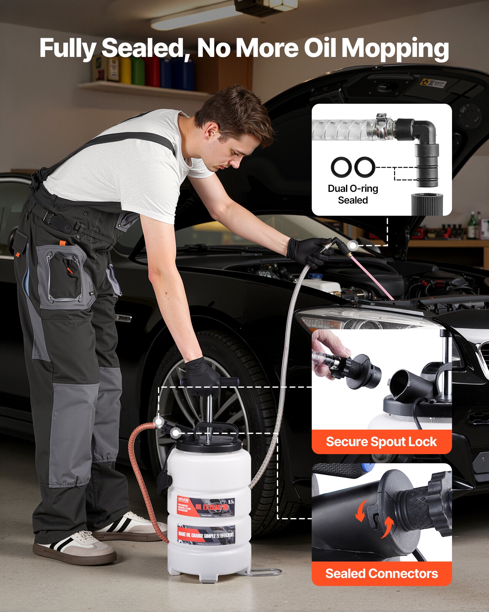 VEVOR Bomba de Líquido de Transmisión Manual Capacidad 9,5 L, Extractor de Aceite de Mano para Máquinas, con Manguera 150 cm Tubos de Extensión Adaptadores, Cambio de Aceite para Coches Barcos Motos