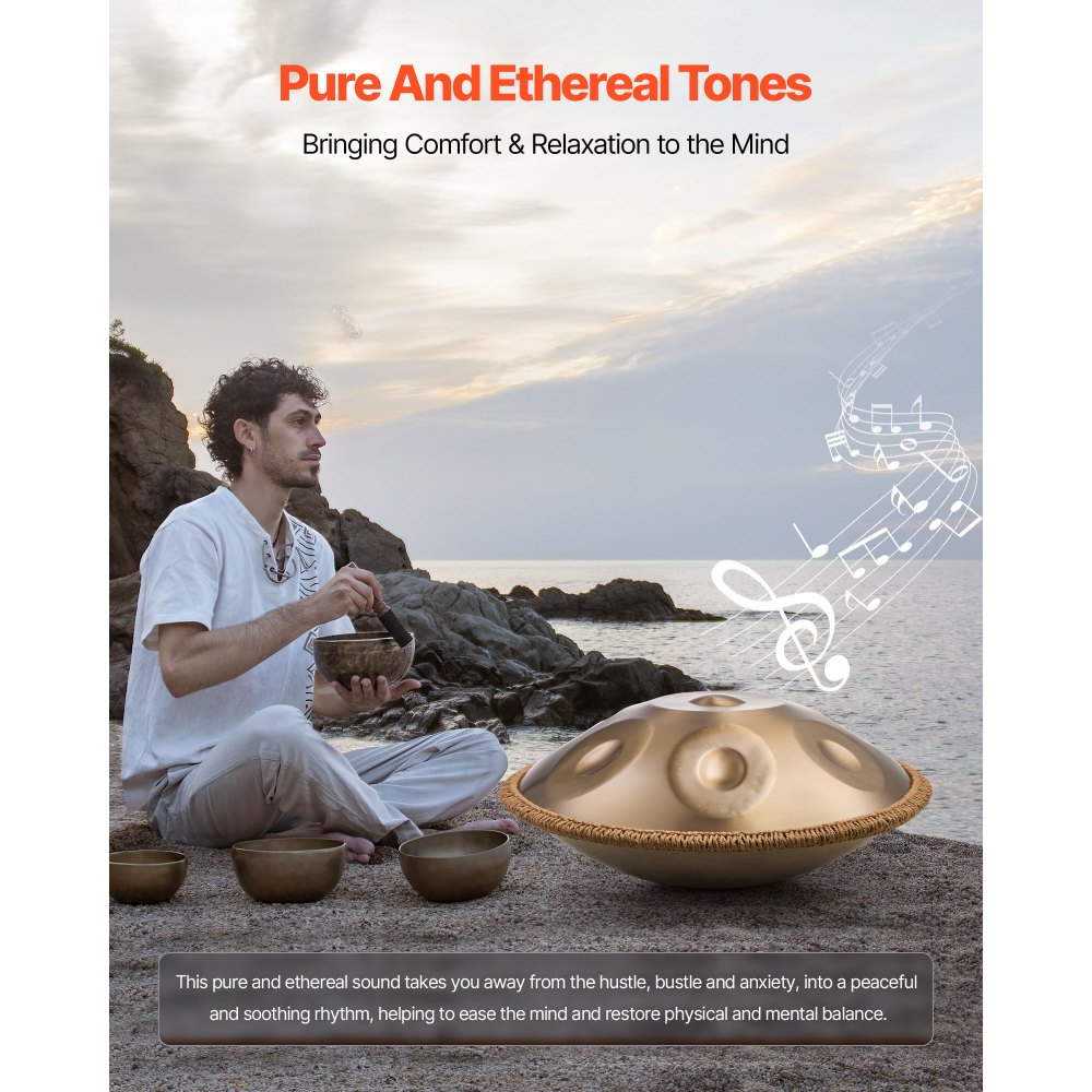 VEVOR Tambor de Mano 55 cm 9 Notas 432 Hz, Tambor Handpan en D Menor con Mazos, Instrumento de Percusión con Bolsa de Transporte para Yoga, Meditación, Educación Musical de Principiantes, Dorado