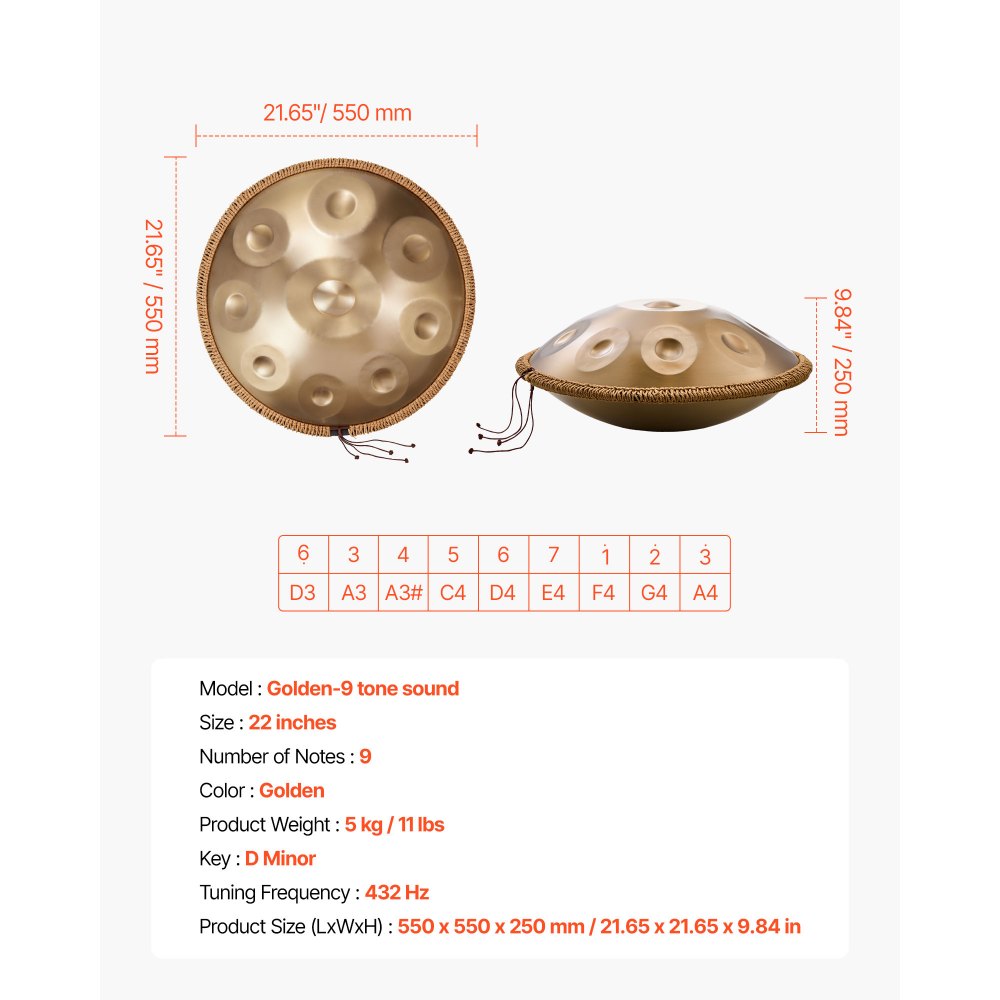 VEVOR Tambor de Mano 55 cm 9 Notas 432 Hz, Tambor Handpan en D Menor con Mazos, Instrumento de Percusión con Bolsa de Transporte para Yoga, Meditación, Educación Musical de Principiantes, Dorado