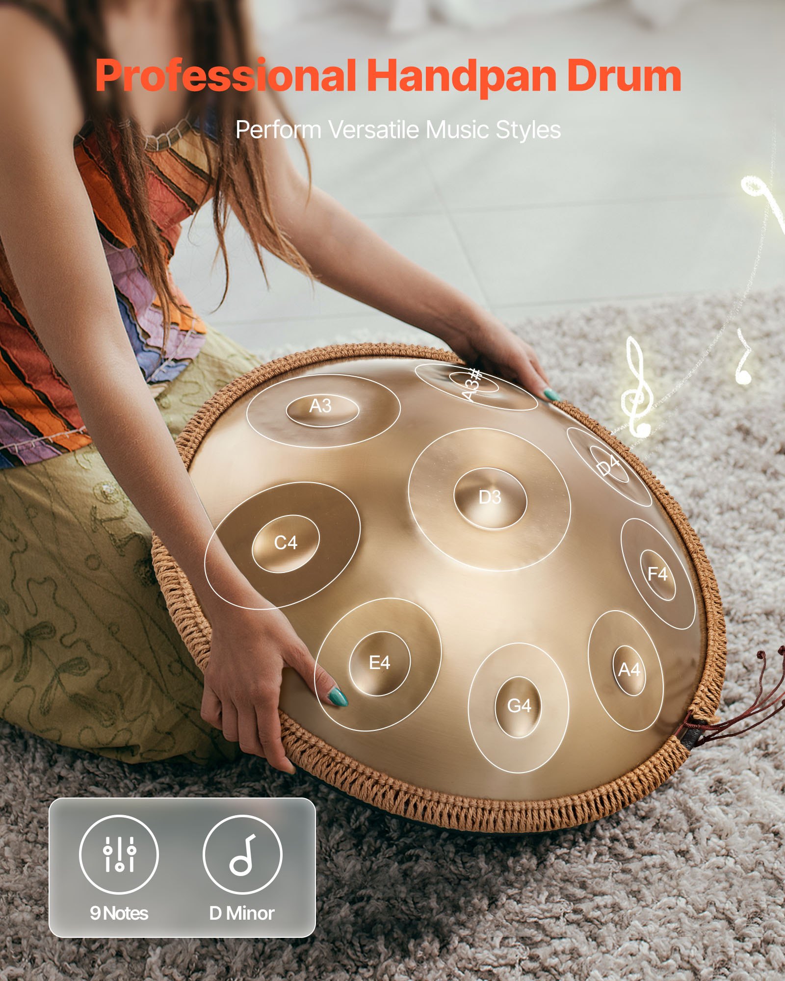 VEVOR Tambor de Mano 55 cm 9 Notas 432 Hz, Tambor Handpan en D Menor con Mazos, Instrumento de Percusión con Bolsa de Transporte para Yoga, Meditación, Educación Musical de Principiantes, Dorado