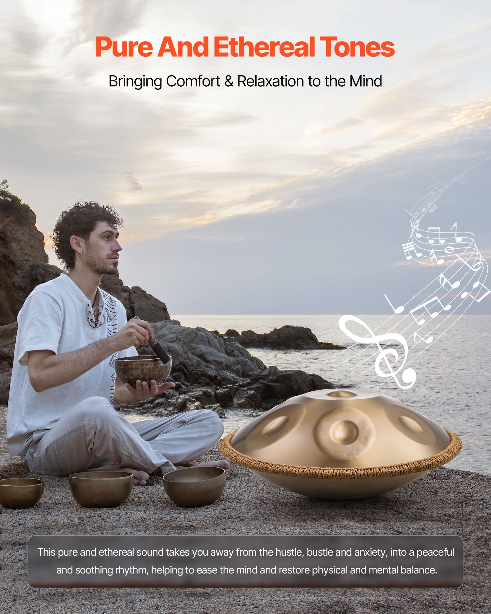 VEVOR Tambor de Mano 55 cm 9 Notas 432 Hz, Tambor Handpan en D Menor con Mazos, Instrumento de Percusión con Bolsa de Transporte para Yoga, Meditación, Educación Musical de Principiantes, Dorado