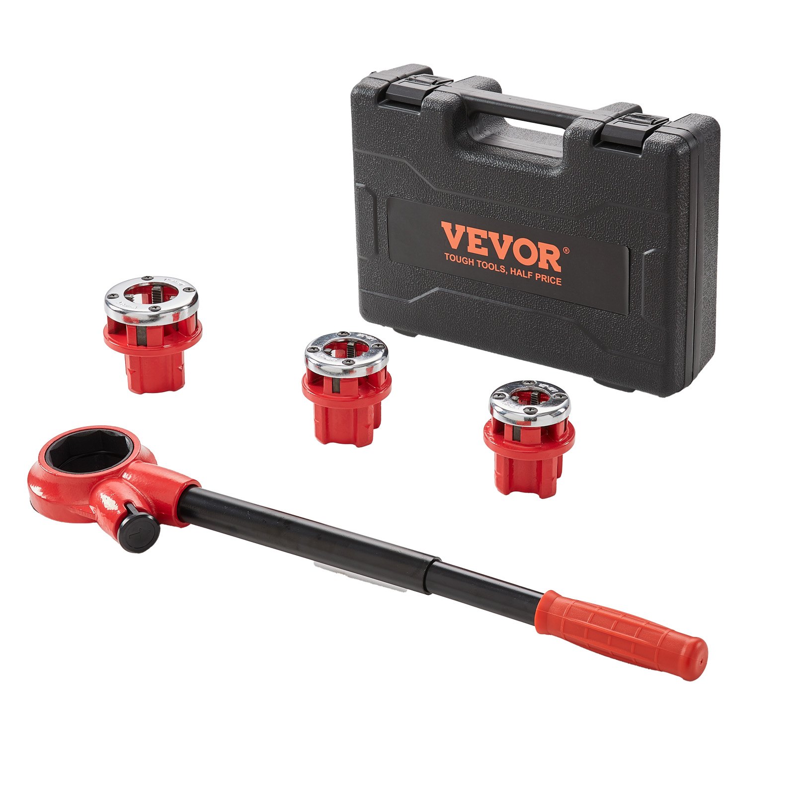 VEVOR Kit de Roscado de Tuberías con Trinquete 1/2", 3/4", 1" NPT Juego de Matrices de Fontanero Portátil 3 Matrices NPT Estuche de Almacenamiento para Tubos de Aluminio Galvanizado Hierro Cobre