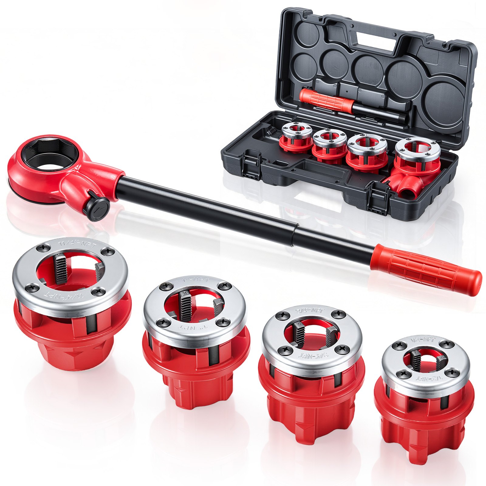 VEVOR Kit de Roscado de Tuberías con Trinquete, Terrajas 4 Medidas BSPT, Roscadora Manual para Tubos de Hierro Dúctil con Trinquete, Mango y Maletín Portátil para Reparación y Instalación de Tuberías