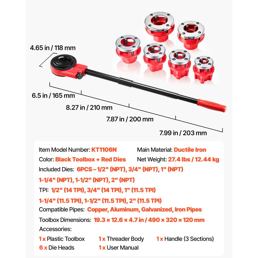 VEVOR Kit de Roscado de Tuberías con Trinquete, Roscadora Manual para Tubos con Trinquete, Juego de Terrajas con 6 Medidas BSPT de 1/2" a 2" NPT, Mango y Maletín Portátil para Reparación y Instalación