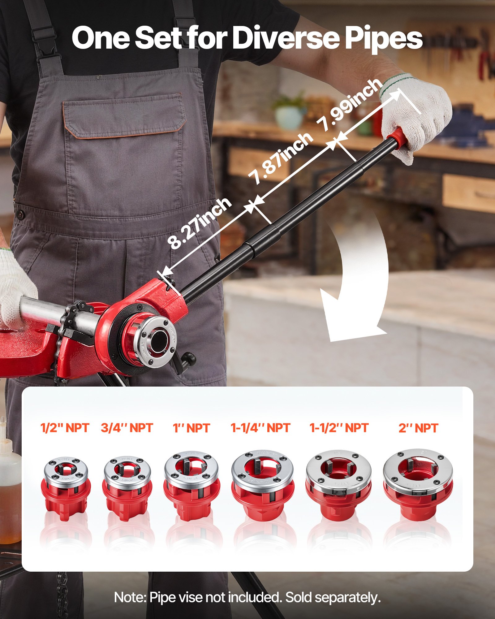 VEVOR Kit de Roscado de Tuberías con Trinquete, Roscadora Manual para Tubos con Trinquete, Juego de Terrajas con 6 Medidas BSPT de 1/2" a 2" NPT, Mango y Maletín Portátil para Reparación y Instalación