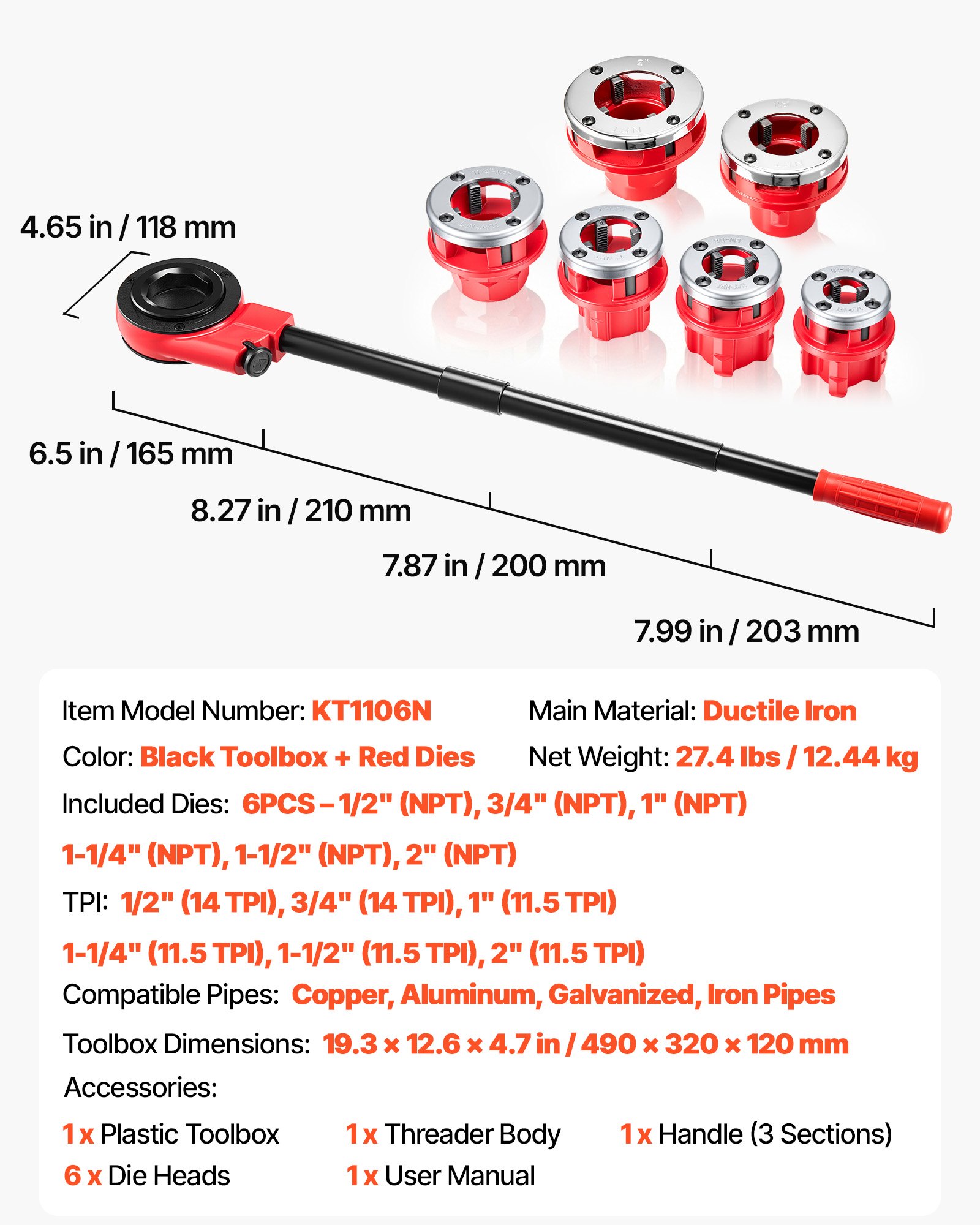 VEVOR Kit de Roscado de Tuberías con Trinquete, Roscadora Manual para Tubos con Trinquete, Juego de Terrajas con 6 Medidas BSPT de 1/2" a 2" NPT, Mango y Maletín Portátil para Reparación y Instalación