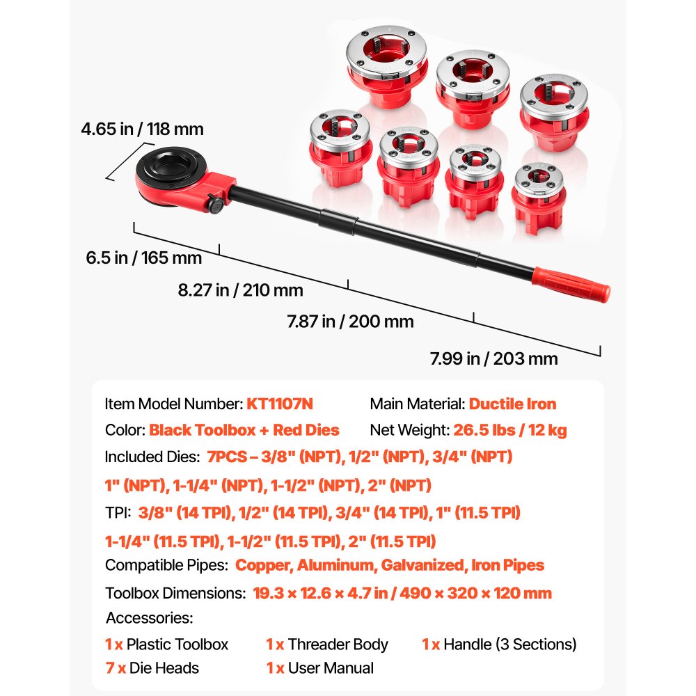 VEVOR Kit de Roscado de Tuberías con Trinquete, Roscadora Manual para Tubos con Trinquete, Juego de Terrajas con 7 Medidas BSPT de 3/8" a 2" NPT, Mango y Maletín Portátil para Instalación y Reparación